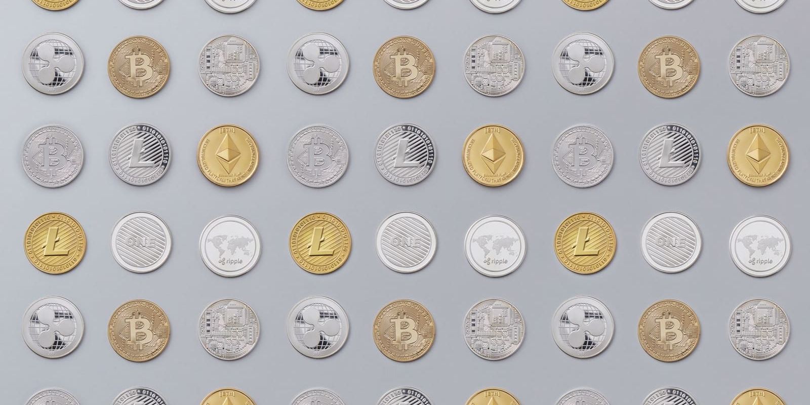 A seamless pattern of various cryptocurrency coins in gold and silver tones.